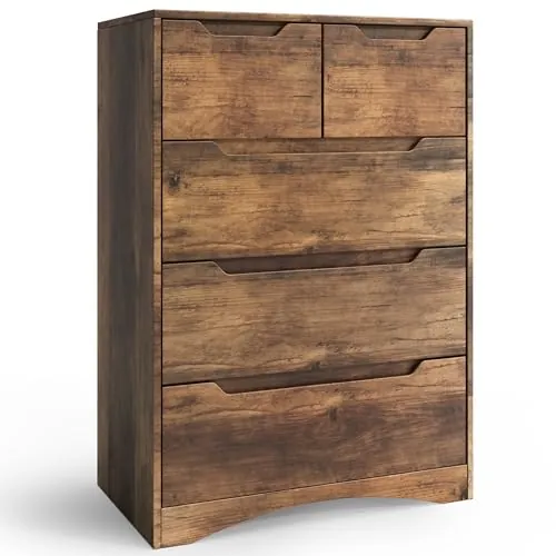 Blishom Cómoda con 5 Cajones, Cómoda para Dormitorio, Organizador Moderno, Mueble de Almacenamiento para Despacho, Salón, Pasillo, 72x41x94 cm (Marrón Claro)