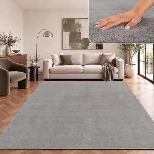 Paco Home Alfombra Moderna y Suave para Salón a Pelo Corto Lavable Fluffy Uni Efecto Piel Intemporal Elegante Antideslizante Fácil de Limpiar, tamaño:240x340 cm, Color:Gris