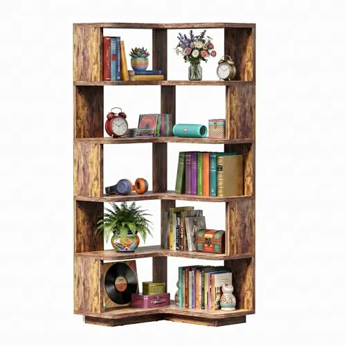 Homieasy Estantería Esquina de 5 Niveles para Libros, Marrón Rústico