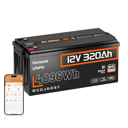 Humsienk Batería Litio 12V 320Ah con Bluetooth, Bateria LiFepo4 4096Wh, 250 BMS con Protección de Baja Temperatura,hasta 15000 Ciclos,Batería Recargable para Autocaravana,Barco,Placa Solar y Caravana