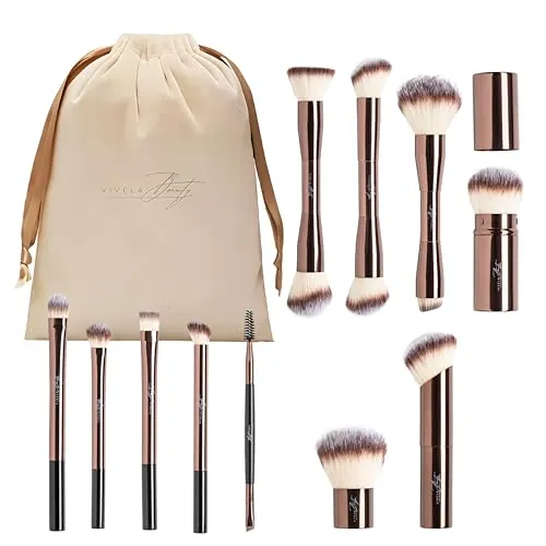 VIVELA 13 Brochas de Maquillaje Profesional + Bolsa de Viaje de Terciopelo, Pinceles Sintéticos Premium para Maquillaje en Polvo Coloretes Base, Pinceles de Maquillaje Ideal en Regalos Navidad Cumples