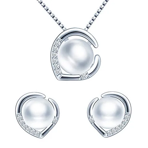 Yumilok Collar de Perlas y Pendientes de Corazón, Plata 925, Mujer, Niña, Pendientes de Perlas circonita con Incrustaciones