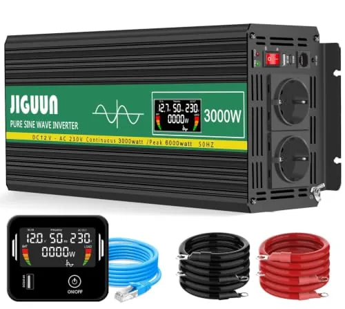 JIGUUN 3000W Inversor 12V 220V Onda Pura Convertidor Inverter con 2 Tomas UE y un USB ，Mando a Distancia e indicador LCD，Potencia máxima 6000W para RV, Viajes, emergencias (3000W12V)