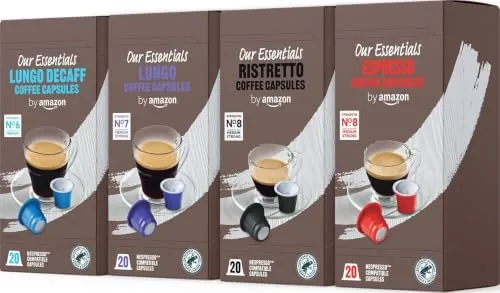 by Amazon Paquete Variado Estándar de Cápsulas de Café Espresso de Plástico Compatibles con Nespresso, Tostado Medio, 80 Unidades (4 Paquetes de 20), Certificadas por Rainforest Alliance