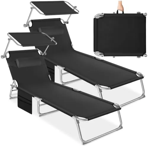 tectake®️ Set 2 Tumbonas 190x68x111 cm, Plegables, Ajustables 4 Posiciones, Resistentes Intemperie, Transpirables, con Toldo, Reposacabezas, Bolsillo Lateral y Asa Transporte; Tumbonas Jardín - Negro