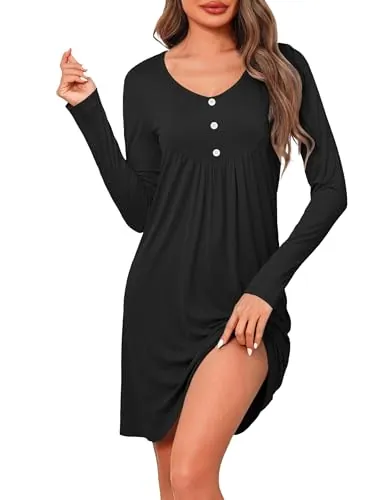 Crewhpo Camisones Mujer Manga Larga Invierno Algodón Camisón Largo Ropa de Dormir Cuello en V Camisones Talla Grande
