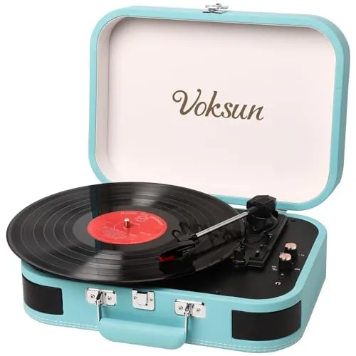 Tocadiscos de Vinilo, VOKSUN Tocadiscos Portátil Vintage con Altavoces Incorporados, Reproductor LP Vinilo con In/out Bluetooth con 3 Velocidades, Maleta USB, Entrada AUX, Línea RCA, Auto-Stop (Azul)