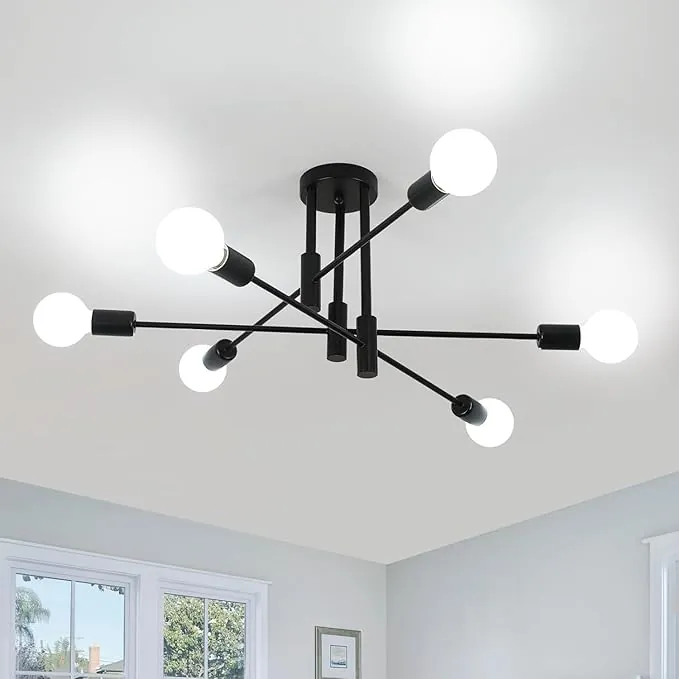 Comely Lamparas de Techo Industrial Vintage, 6 Luces Lámpara de Techo Salon, E27 Retro Plafon de Techo de Ángulo Ajustable 180° para Dormitorio, Cocina, Pasillo, Diámetro 72 cm, Negro