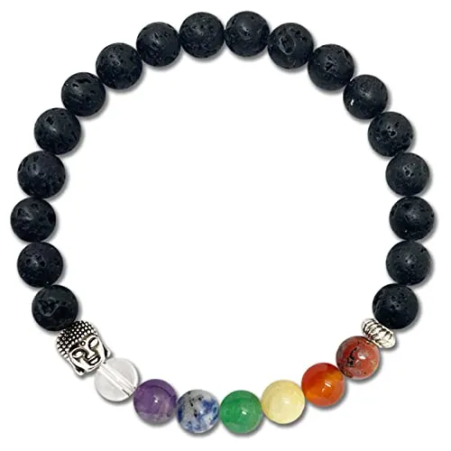 cotigo Pulsera Chakras de 7 piedras, Pulsera Piedras Naturales - Pulsera Bolas con Elástico, Pulsera Energética Yoga para Mujer o Hombre (VOLCANICA)
