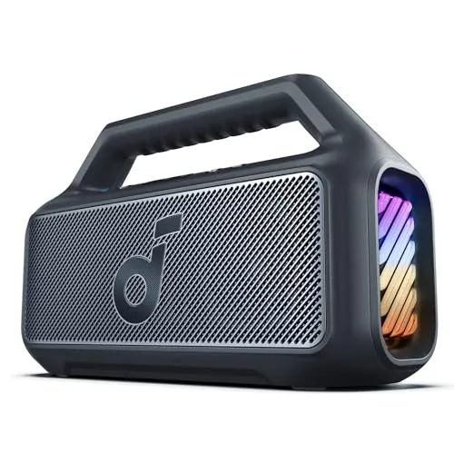 Soundcore Altavoz Bluetooth Potente Boom 2, con Potente Sonido 80W Gracias al Subwoofer y BassUp™, 24h, IPX7, Tiene Luces RGB, Puerto USB-C, para IR de Camping, a la Playa o al Campo
