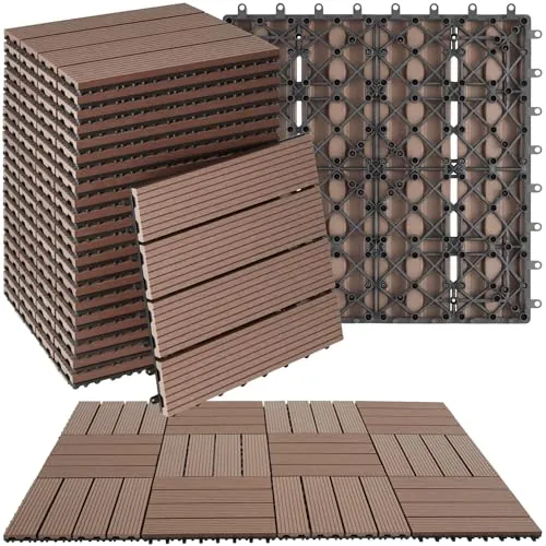 tectake® Set Baldosas Jardín Exterior con 4 Tablones, 31 x 31 cm, Suelo Terraza Exterior Resistente, Suelo para Jardín con Base de Rejilla y Drenaje, área de 1,0571 m2 - Juego de 22 Marrón