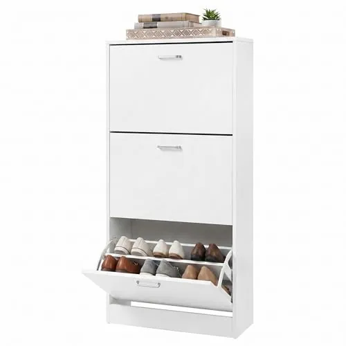 VASAGLE Zapatero Entrada Recibidor, 3 Puertas Abatibles | Organizador de Zapatos, Separadores Ajustables, para Entrada, 60 x 24 x 120 cm, Blanco Nube, Custos LBC03WT