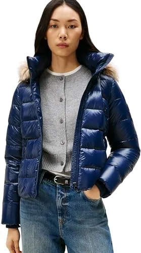 Tommy Hilfiger Cazadora acolchada Mujer Gloss Down Slim con borreguito, Azul (Dark Night Navy), M