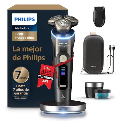 Philips i9000 Prestige Ultra, Afeitadora Eléctrica Hombre, Máquina de Afeitar Barba en Seco y Mojado, Tecnología SkinIQ Pro, Base de Carga, Recargable, Estuche Premium, Centro de limpieza, XP9405/31