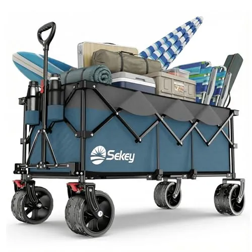 Sekey XXXL Carro Transporte Plegable 300L Capacidad 200KG, Modelo Alargado con Ruedas Todo Terreno 17x10 cm, Patente Sistema 4 Direcciones de Montaje Rápido, Gris con Azul