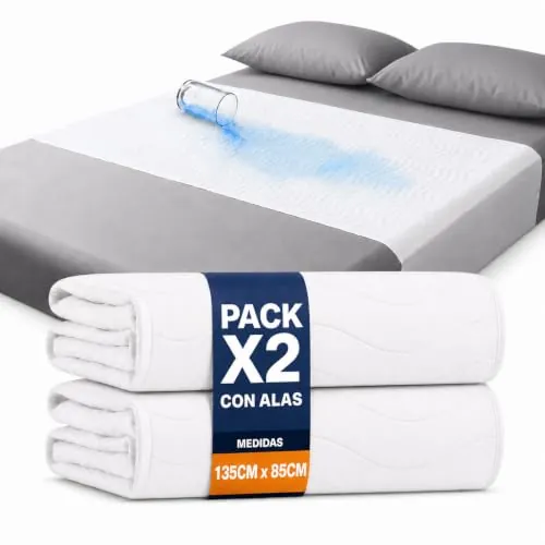 Pack de 2 Empapadores Cama Adultos Lavables con Alas 50cm - 135x85cm - Impermeable, Absorbente - Ideal para Adultos, Niños y Mayores, para Camas 135cm