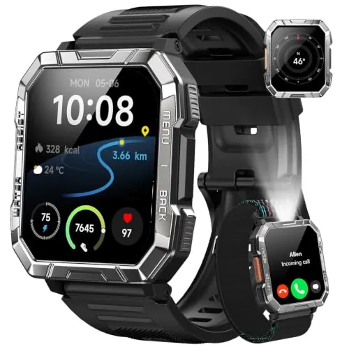 Blackview Reloj Inteligente Hombre Militar - 2.01” Smartwatch Hombre con Linterna, Brújula, Llamadas Bluetooth, Pulsómetro, Monitor de Sueño, Reloj Deportivo con Podómetro, 100+ Modos Deportivos