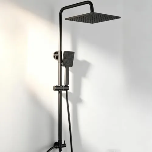 Auralum Columna Ducha sin Grifo con Diversor de Latón, Rociador Ducha 25×25 cm Cuadrado, Barra de Ducha Altura Regulable 74-109cm, Duchas de Baño Columna con Distancia Ajustable entre Orificios, Negro