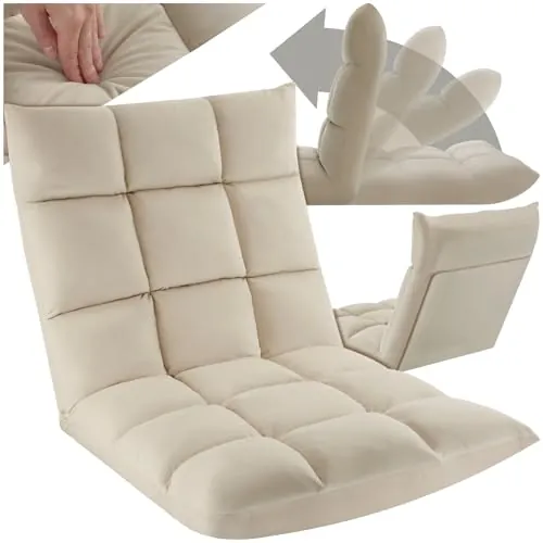 tectake® Sillon Plegable Lectura, Silla de Suelo Ajustable para Tatami, Terciopelo, Respaldo Flexible en 14 Posiciones, Sofa Suelo de Estructura de Acero, Silla Yoga, cómodo cojin de Suelo - Beige