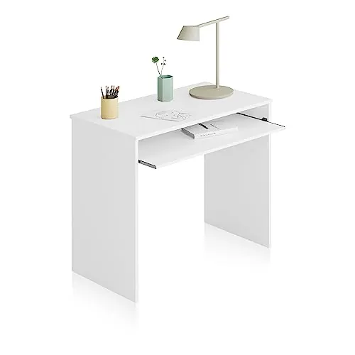 duehome | Mesa de Ordenador con Bandeja extraíble, Mesa Escritorio Juvenil, Modelo Smile, Color Blanco Artik, Medidas: 90 cm (Ancho) x 54 cm (Fondo) x 79 cm (Alto)