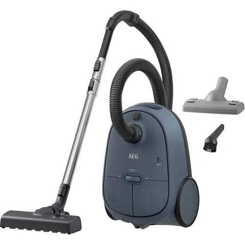 AEG Aspiradora de Trineo con Bolsa AB61C2DBS, 850W, Filtro HEPA, Capacidad 3,5 L, Radio de Acción 12m, Ruedas XL, Cepillo Parketto, Boquilla 3 en 1, Incluye 1 Bolsa, Azul