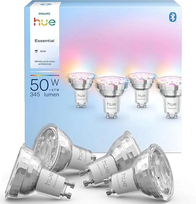 Philips Hue Essential Foco LED GU10, Bombilla LED Inteligente, Luz ambiente blanca y de colores, 4,7 W, 2200 K-6500 K, 345 lm, regulable, funciona con Alexa, Google Assistant y Apple Home, Pack de 4