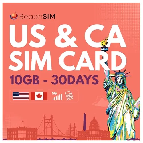 BeachSIM Tarjeta SIM Canadá 30 días. 10GB de Datos prepago Solo Datos a Velocidad 4G/5G. Activación rápida en línea y Recarga fácil. Funciona en Dispositivos iOS y Android liberados.