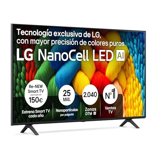 LG 55NANO80A6B - TV 55", 4K NanoCell, Smart TV, LED IA, WebOS 25, Procesador Potente e Inteligente, Super Upscaling, Dolby Digital Plus, Alexa/Google Assistant, Negro