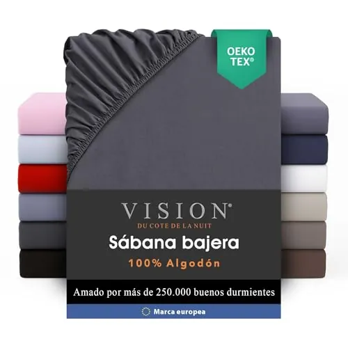 VISION Sábana Ajustable - 100% algodón - Cama Individual (90 x 190 cm) - Esquinas elásticas - Se Adapta a colchones de hasta 25 cm - Certificación Oeko-Tex - Lavable a máquina - Color: Gris Oscuro