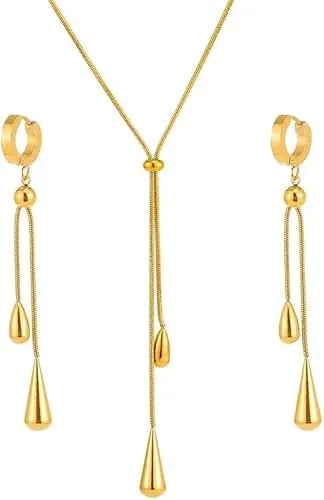 TTPSRY Conjunto Collar Pendientes Lágrima Cascada Elegante Joyería Mujer Dorado Acero Inoxidable Ajustable Brillante