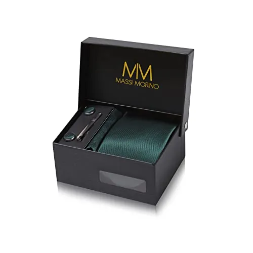 Massi Morino Corbata Verde Oscuro con Pañuelo de Bolsillo a Juego Set Hombre incl. Gemelos, Sujetacorbatas y Caja de Regalo - Set Corbata Hombre para Boda