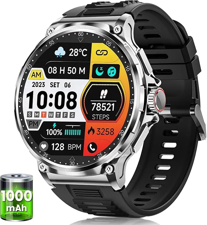 Reloj Inteligente Hombre con 1000mAh Batería, 1.92" AMOLED, 5ATM Impermeable Smartwatch Militar con Llamadas, 120 Modos Deportivos, 24/7 Pulsómetro/Sueño/Podómetro Pulsera Actividad Android iOS Plata