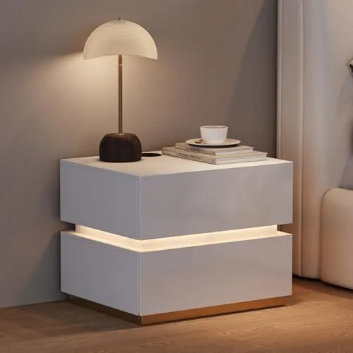 Homary Mesita de Noche Blanca con Luz LED Inteligente y Estación de Carga Inalámbrica, 2 Cajones de Almacenamiento – Mesa de Noche Dormitorio Moderna y Mesa Auxiliar con Diseño Elegante