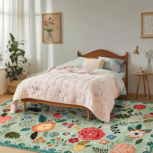 Alfombra de salón, 200 x 280 cm, diseño floral vintage, lavable y antideslizante, con estampado plano, diseño ultrafino, ideal para dormitorios, habitaciones infantiles, baños y lavanderías, verde