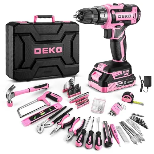 DEKO Maletín Herramientas 186 Piezas, Taladro Eléctrico 20V Rosa