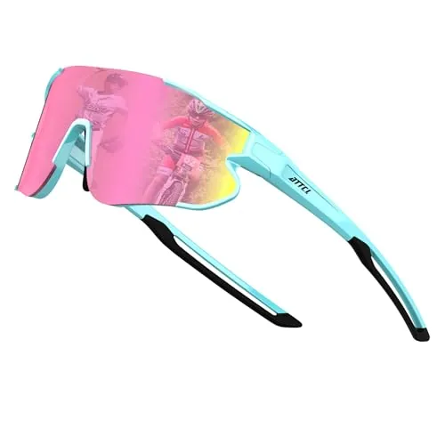 ATTCL XQ548 - Gafas de sol de béisbol para niños y adolescentes, ligeras, UV400, gafas de ciclismo para niños y niñas, Marco azul y lente rosa, Medium