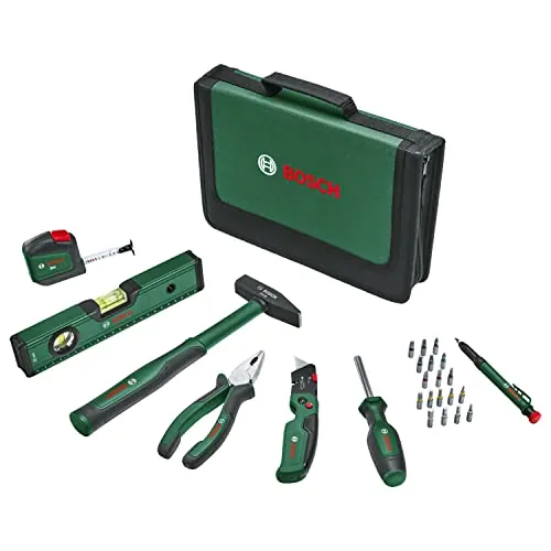 Bosch Universal Juego de herramientas manuales, 25 piezas (kit versátil de herramientas para uso general en bricolaje doméstico; cúter; alicate combinado; cinta métrica; nivel, etc.) - Amazon Edition