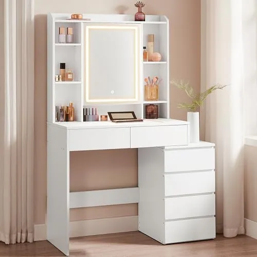 VASAGLE Tocador de Maquillaje con Luz, 6 Cajones, 97.5 x 40 x 145 cm | Tocador con Espejo, Compartimentos Abiertos, Estantes Ajustable, Blanco Nube, Colección KAILYN RDT124W01