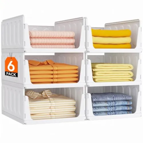 Lifewit Organizador de Armario Ropa, 6 Pack Baldas Apilables Interiores, Cajonera de Almacenaje para Camisetas y Pantalones, Contenedores Extensibles para Baño, Cocina y Camping, 24L, Blanco