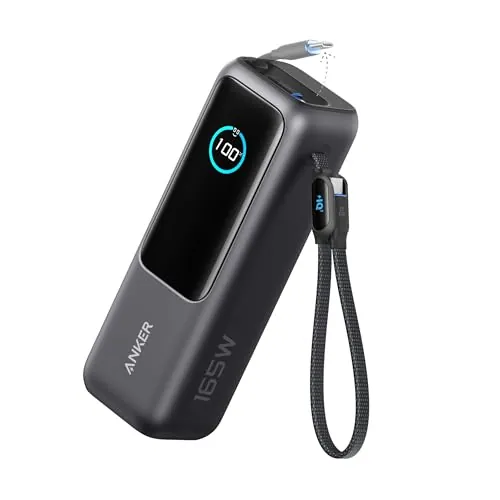 Anker Zolo Power Bank Cargador portátil de 25000mAh y 165W, Tres Puertos USB-C de 100W MAX, Apto para Avión, Cables Integrados y retráctiles, para iPhone 17/16/15, MacBook y más