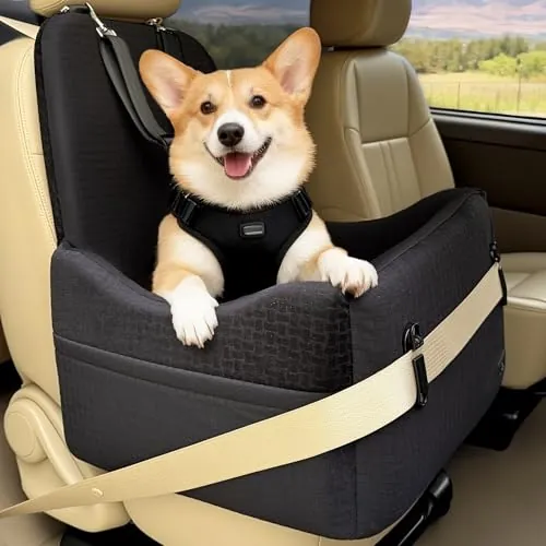 PETSFIT Asiento Elevado para Perros Pequeños/Medianos hasta 15 kg – Sistema de Seguridad Patentado, Cojín Viscoelástico de 13 cm, Desmontable y Lavable con 2 Bolsillos(Negro)