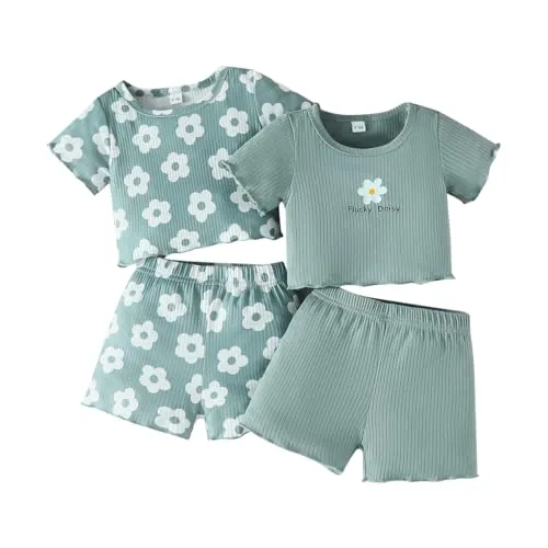 LUVCES Conjuntos Ropa para Niñas Manga Corta Volantes Acanalados Cuello Redondo Camiseta Top y Pantalones 4 Pcs Trajes para el Hogar Primavera Verano 4Pcs Manga Corta verde 2-3 Años