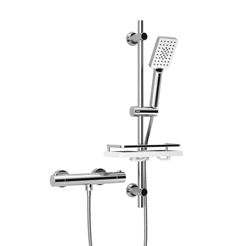 Görbach Columna Ducha Termostática, Grifo Mezclador con juego de barras de ducha de acero inoxidable, Alcachofa, barra ducha 70 cm con Estante, cromo