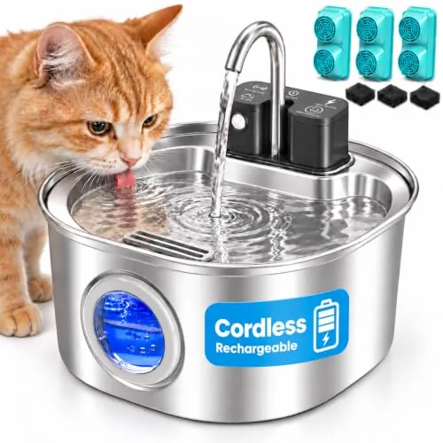 3,2 L Fuente para Gatos de Acero Inoxidable Sin Cable para Colocar Donde Prefieras, Batería Recargable de 4000 mAh, Bebedero para Gatos con Activación por Sensor, 3 Filtros y 3 Esponjas