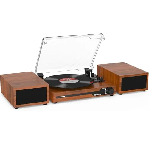 Udreamer Tocadiscos con 2 Altavoces Estéreo Duales, Vintage Tocadiscos con Bluetooth 5.3 Compatible 3 Velocidades, Entrada Auxiliar, Línea RCA, USB, Reproducción Inalámbrica, Marró