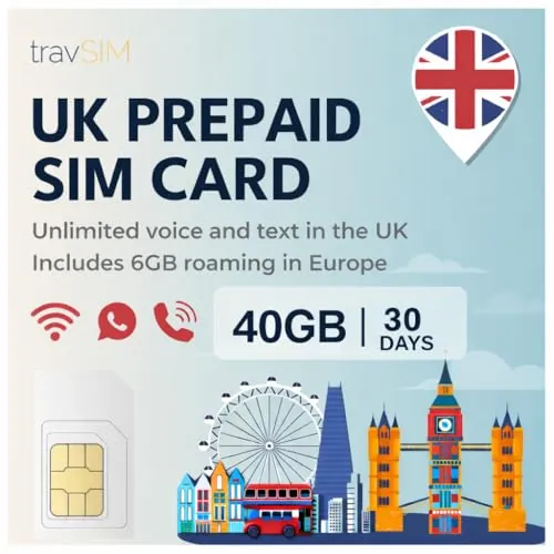 travSIM UK SIM Card | 20GB Datos + Llamadas y Textos Ilimitados | Velocidades 4G/5G | Funciona en Todo el Reino Unido | Tarjeta SIM Reino Unido es válida por 30 días