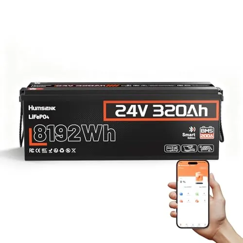 Humsienk Batería Litio 24V 320Ah con Bluetooth, Bateria LiFepo4 8192Wh,200 BMS con Protección de Baja Temperatura,hasta 15000 Ciclos,Batería Recargable para Autocaravana,Barco,Placa Solar y Caravana