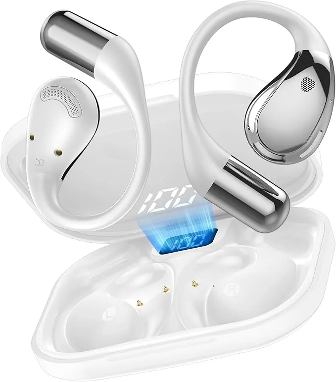 Auriculares inalambricos Deportivos, Bluetooth V6.0 lnalámbricos Cascos Hi-Fi Estéreo, 40H Llamada ENC HD Auriculares, Pantalla LED, IP7 Impermeable Auriculare Oreja Abierta para Sport/Running Blanco