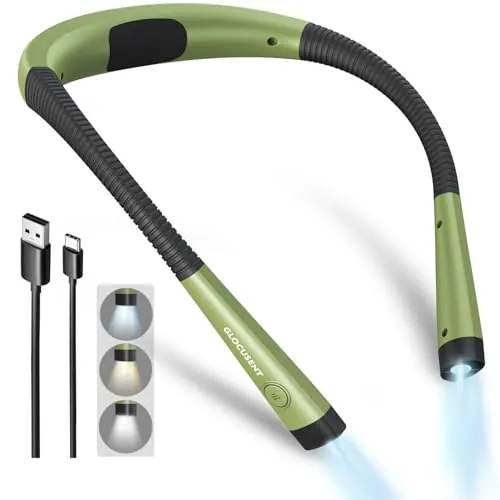 Glocusent Luz de Lectura, Lampara Libro de Lectura Recargable, 3 Colores, 6 Niveles de Iluminación, Brazos Flexibles, Larga Duración, Perfecto para Leer, Tejer, Acampar, Reparar
