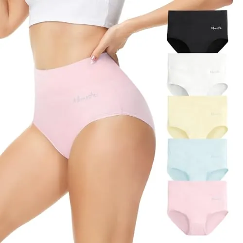 Momoshe Bragas Mujer Algodon Cintura Alta Pack de 5 Braguita de Talle Alto Culotte Cómodo Talla Ropa Interior Negro Blanco Beige Azul Rosa XL